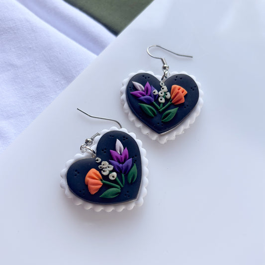 LAVENDER & POPPY FLORAL HEART EARRINGS