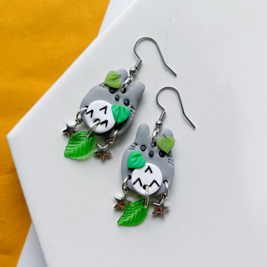 TOTORO & LEAF TRIPLE CHARM EARRINGS