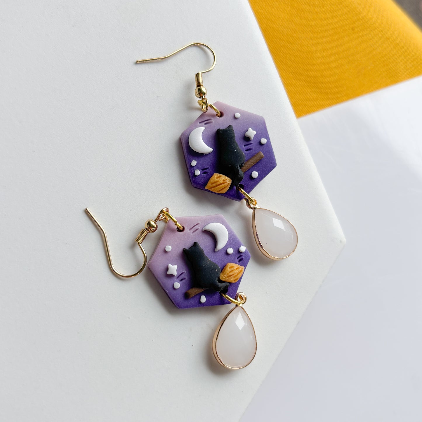 PURPLE HEXAGON KIKI WITCH CAT EARRINGS