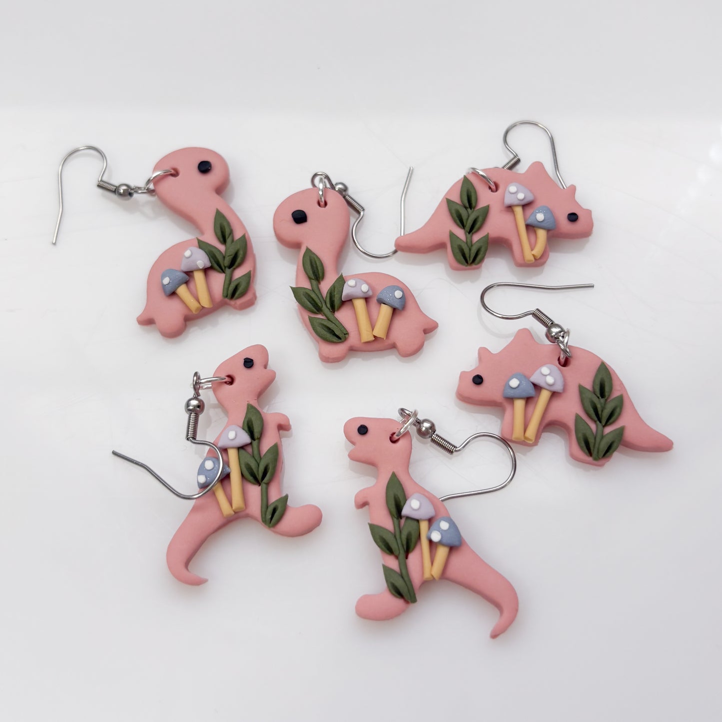 PINK PASTEL MUSHROOM DINO EARRINGS (BRONTO)