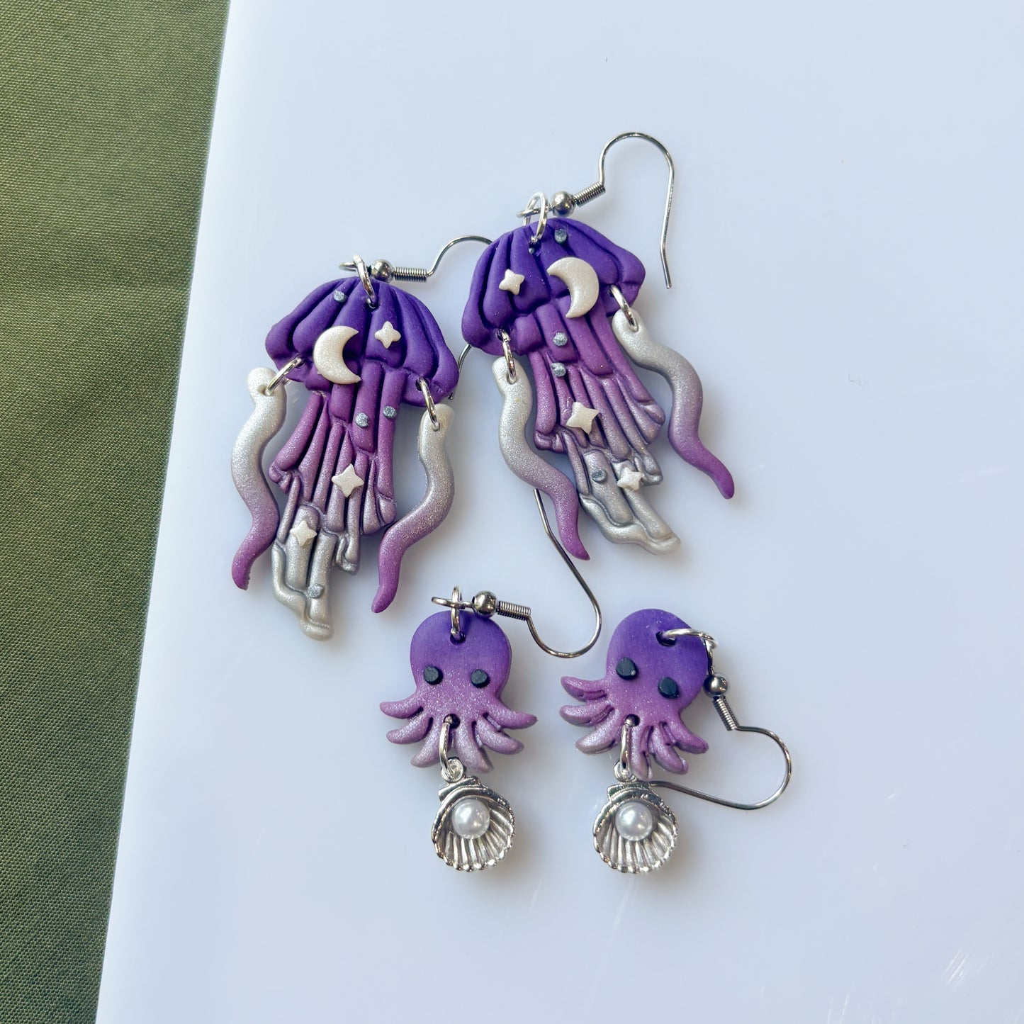 PURPLE PEARLY SILVERY OCTOPUS EARRINGS