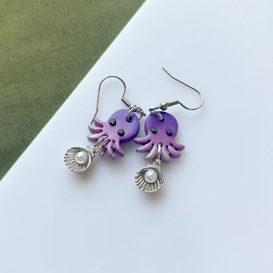 PURPLE PEARLY SILVERY OCTOPUS EARRINGS