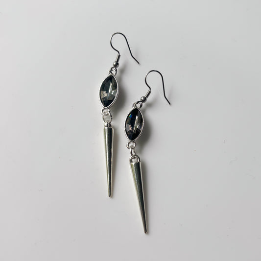 SMOKEY GREY OVAL SILVER SPIKE CHARM EARRINGS