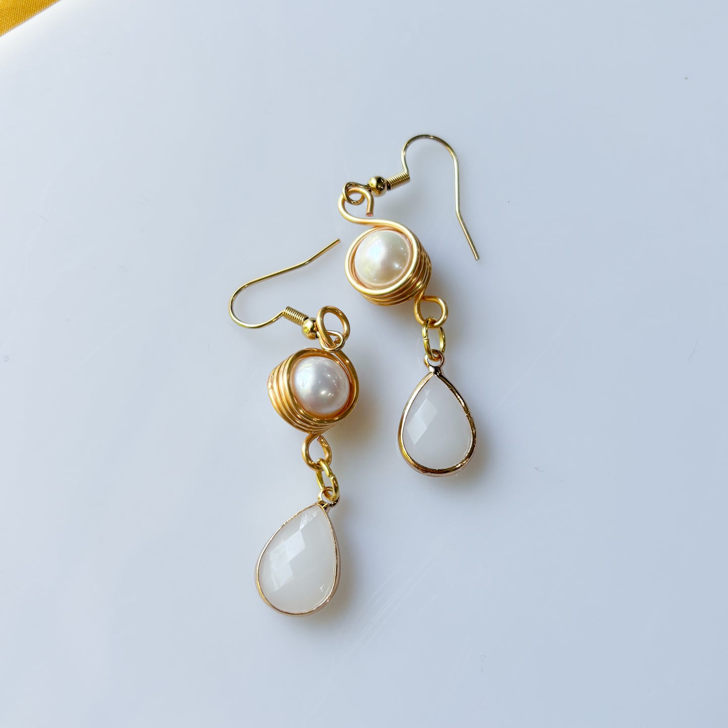 PEARL & WHITE GEM TEARDROP CHARM EARRINGS