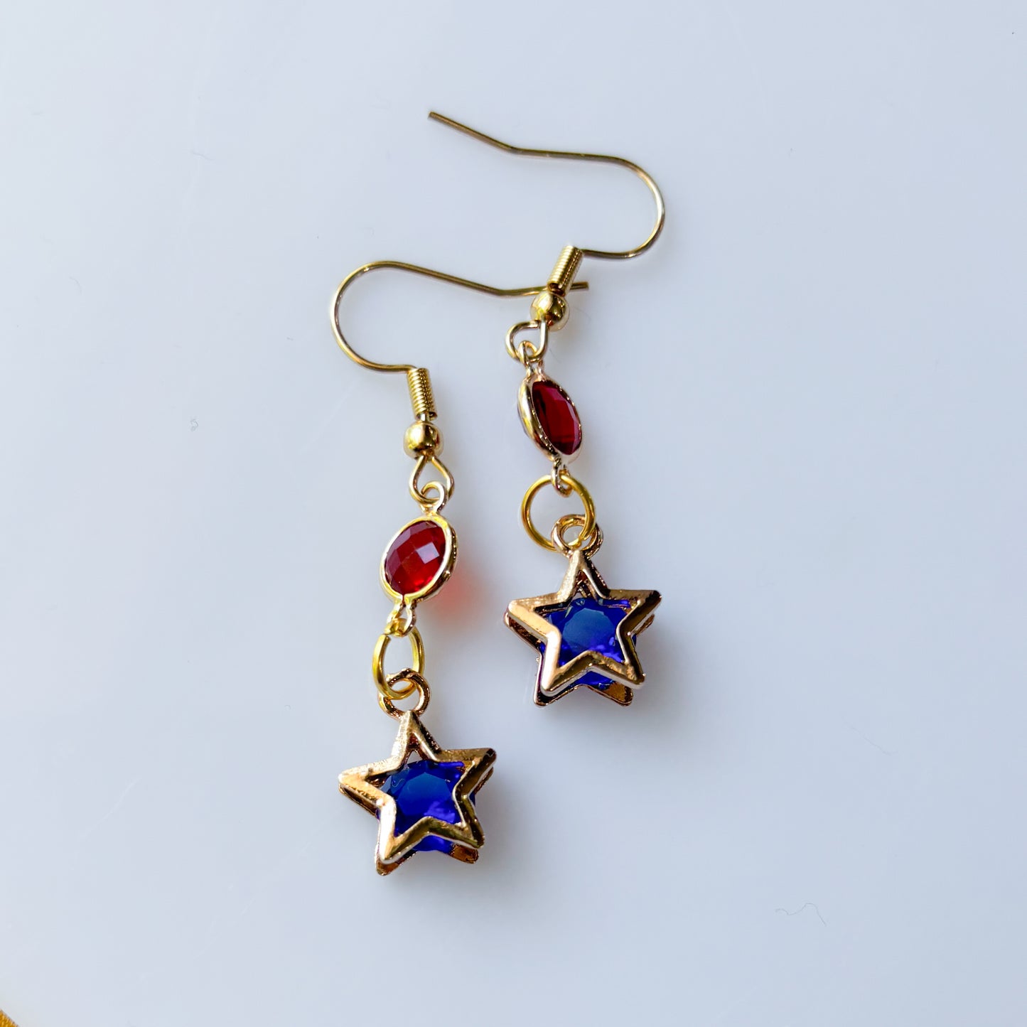 RED CIRCLE BLUE STAR CHARM EARRINGS