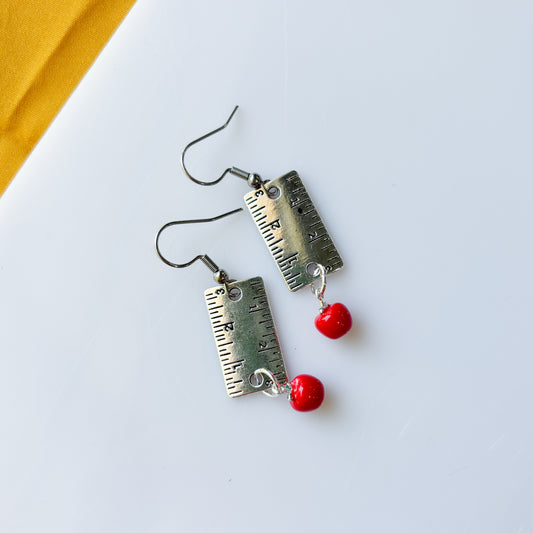 SILVER RULER & APPLE CHARM EARRINGS