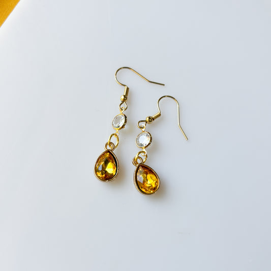 GOLD & YELLOW CRYSTAL TEARDROP CHARM EARRINGS