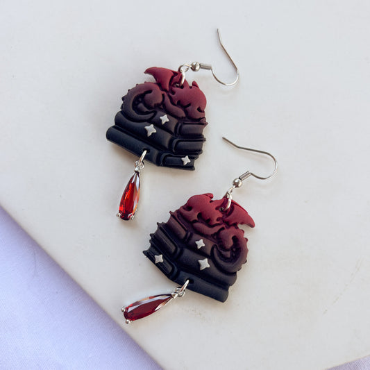 DRAGON ON BOOKS EARRINGS (RED BLACK)