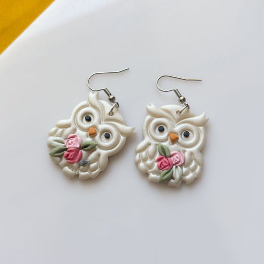 WHITE & ROSE OWL EARRINGS