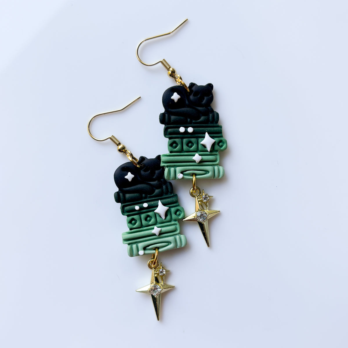 BLACK CATS ON GREEN BOOKS EARRINGS