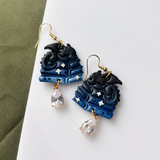 STARRY BLUE DRAGONS ON BOOKS EARRINGS