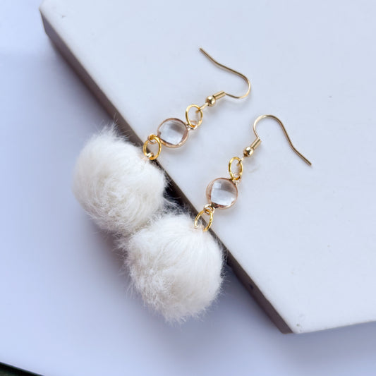 WHITE POM POM & GEM CHARM EARRINGS