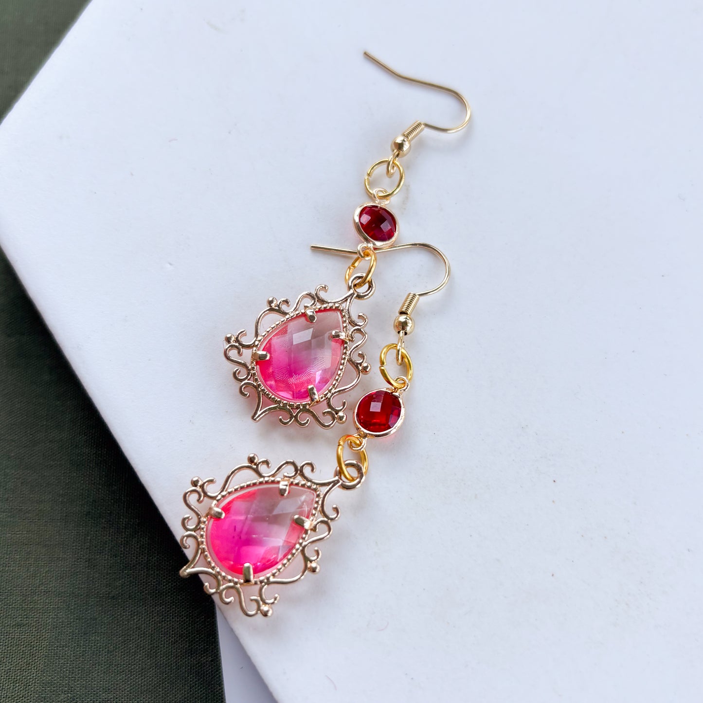 PINK & RED ORNATE GEM CHARM EARRINGS