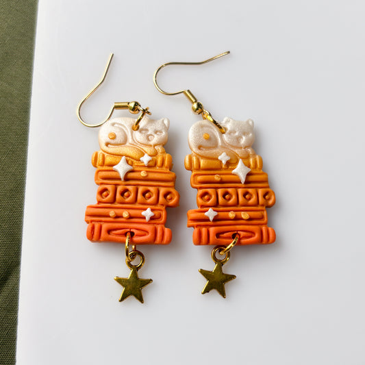 WHITE CATS ON BOOK STACKS EARRINGS
