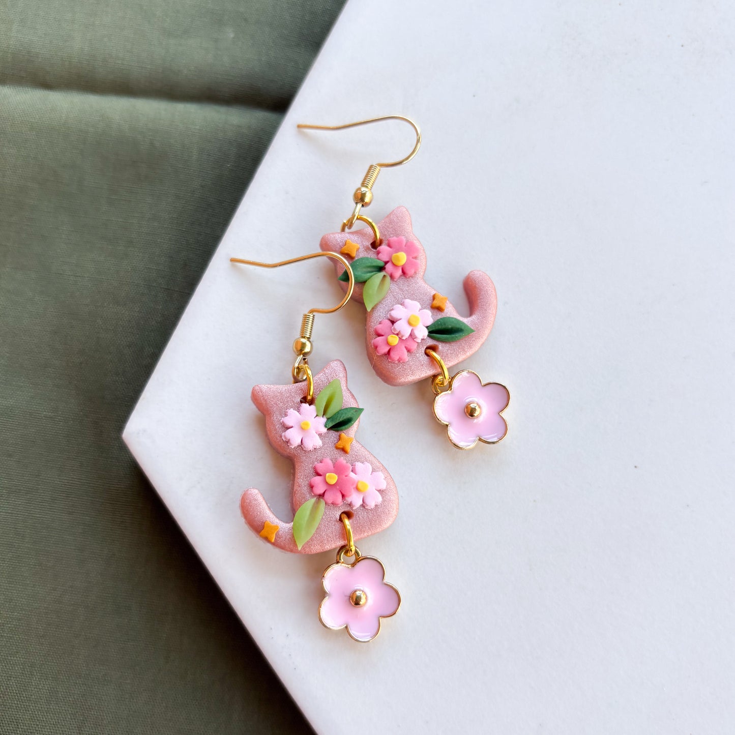 ROSE GOLD CHERRY BLOSSOM CAT EARRINGS