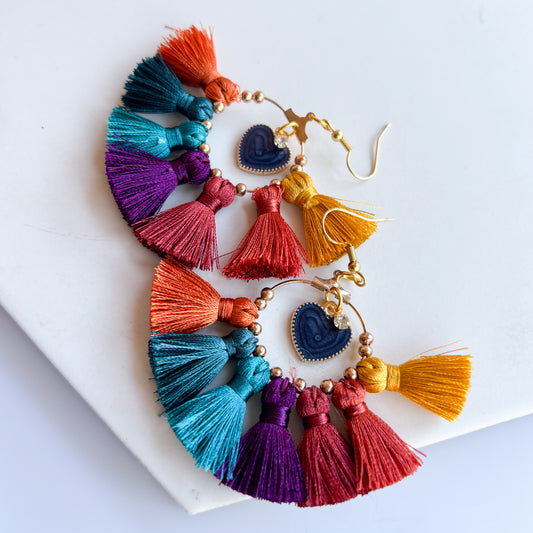 COLORFUL TASSEL & HEART CHARM EARRINGS