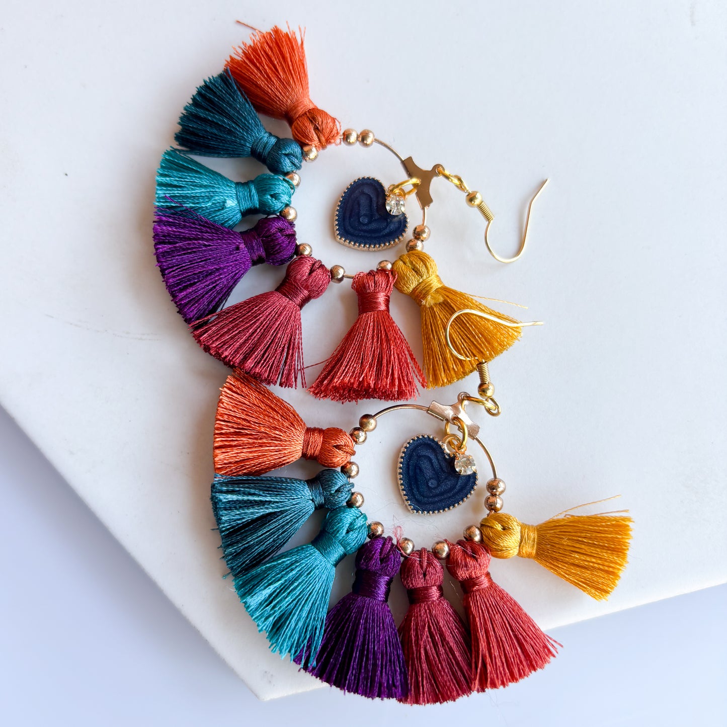 COLORFUL TASSEL & HEART CHARM EARRINGS