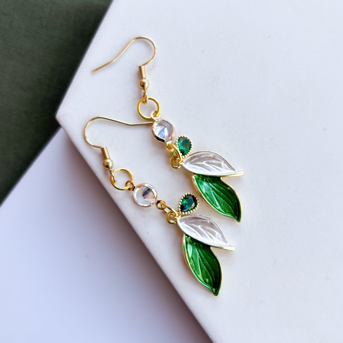 DUO LEAF GREEN & WHITE GEM CHARM EARRINGS