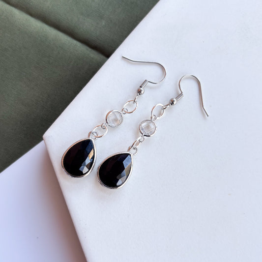 BLACK TEARDROP GEM CHARM EARRINGS