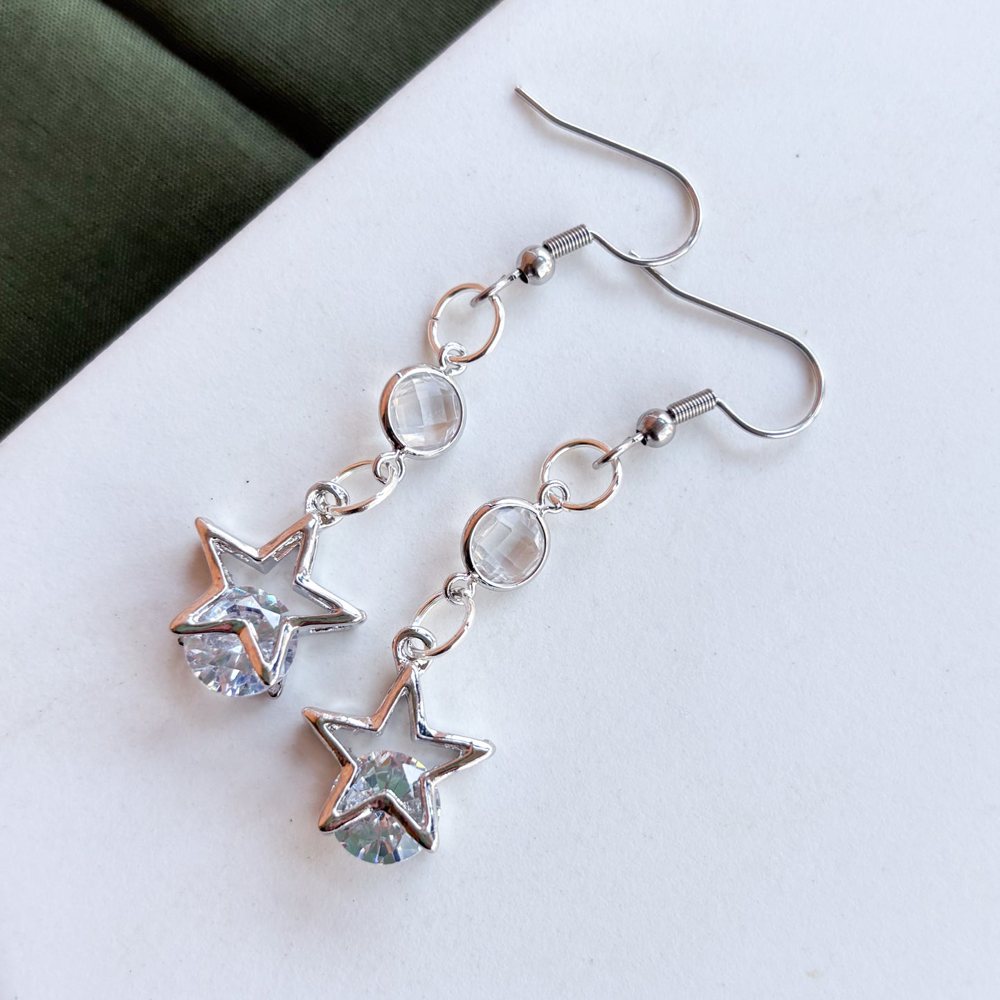 SILVER STAR & GEM CHARM EARRINGS