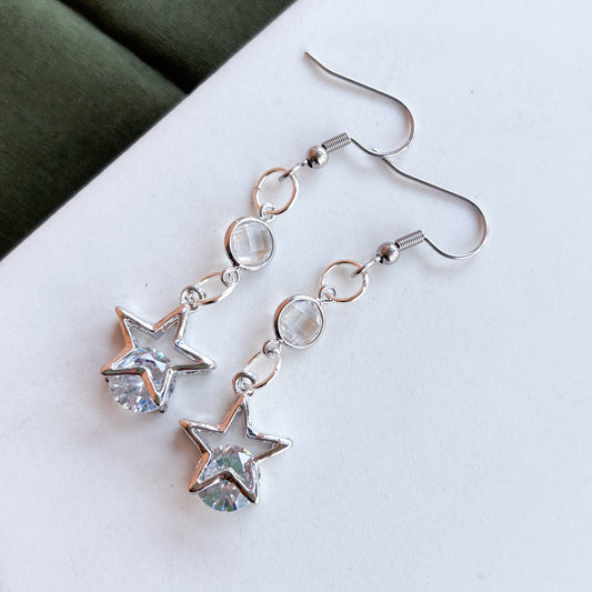 SILVER STAR & GEM CHARM EARRINGS