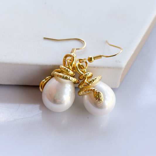GOLD SNAKE & PEARL CHARM EARRINGS