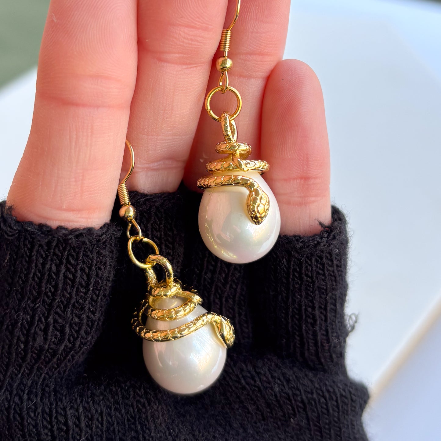 GOLD SNAKE & PEARL CHARM EARRINGS