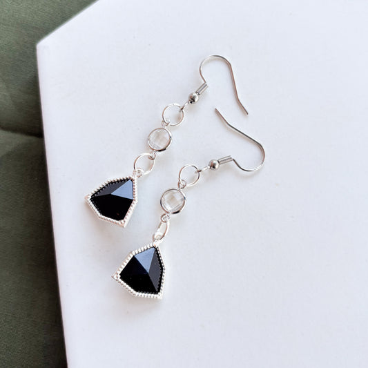 SILVER & BLACK TRIANGLE GEM CHARM EARRINGS