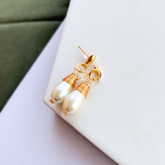 GOLD WRAPPED PEARL STUD CHARM EARRINGS