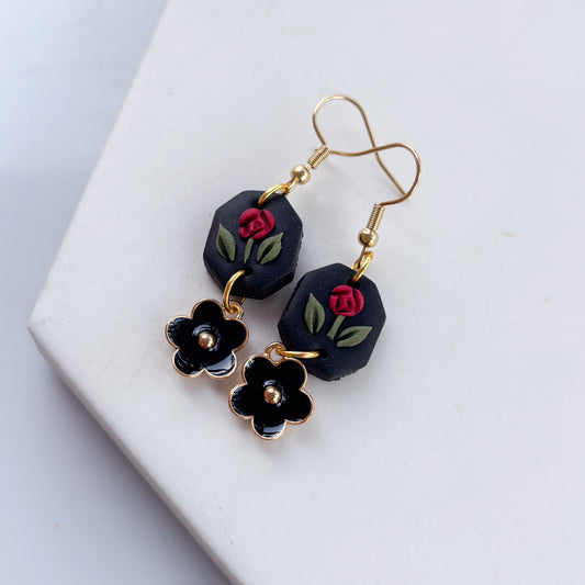 RED ROSE BLACK HEXAGON EARRINGS
