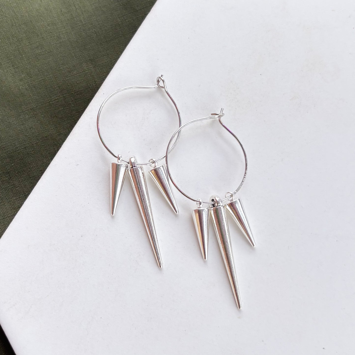 SILVER SPIKE CHARM HOOP EARRINGS