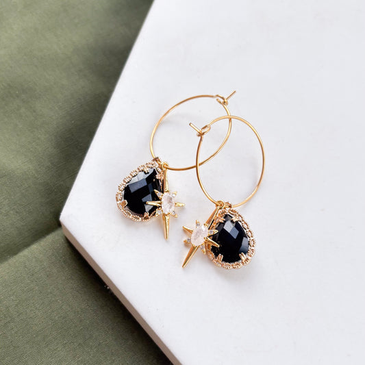 BLACK TEARDROP & STAR CHARM HOOP EARRINGS