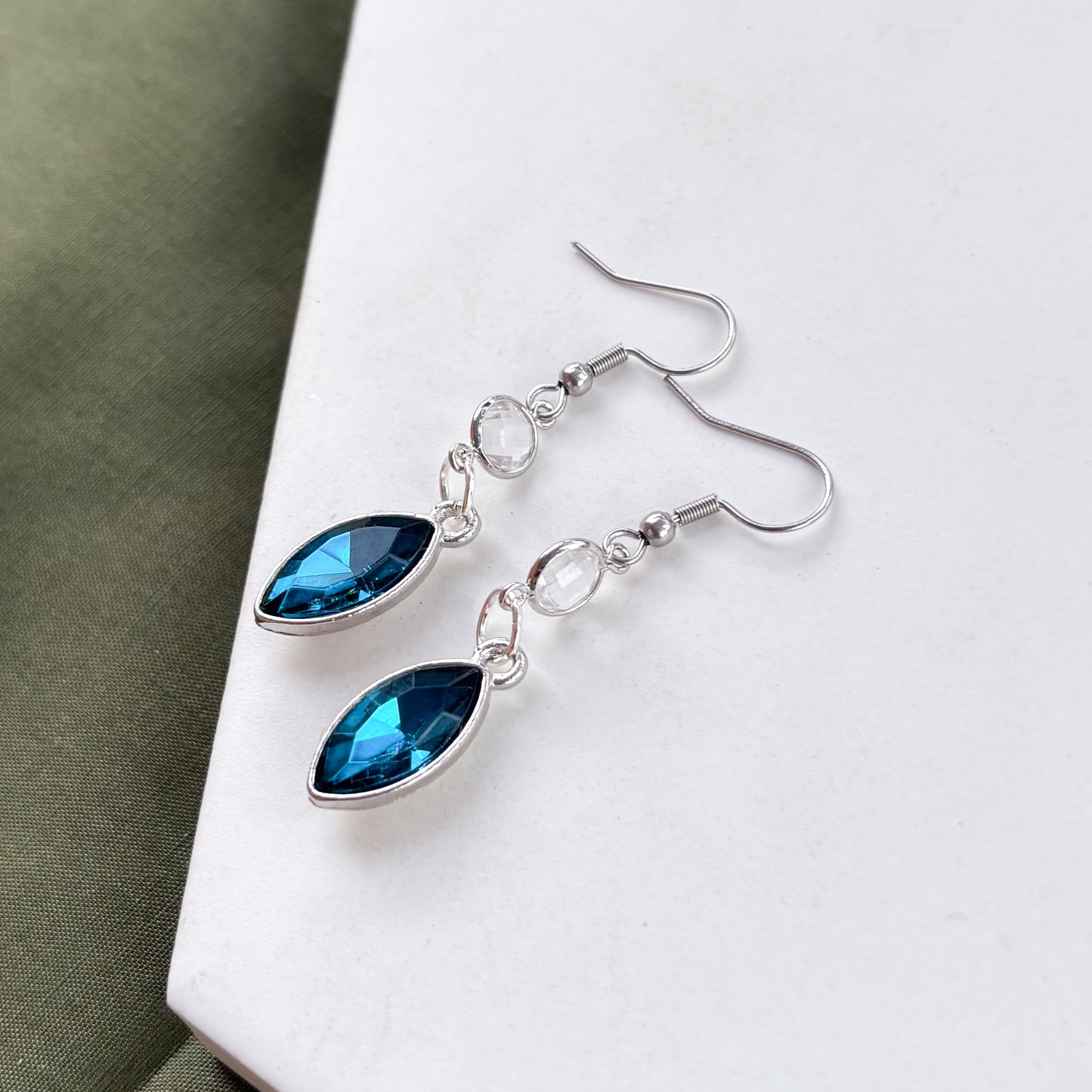TEAL DIAMOND SILVER CHARM EARRINGS
