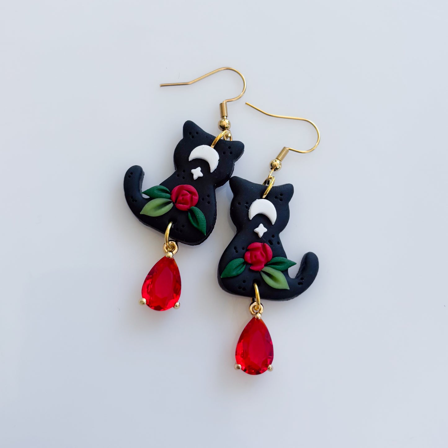 BLACK ROSE & MOON CAT EARRINGS