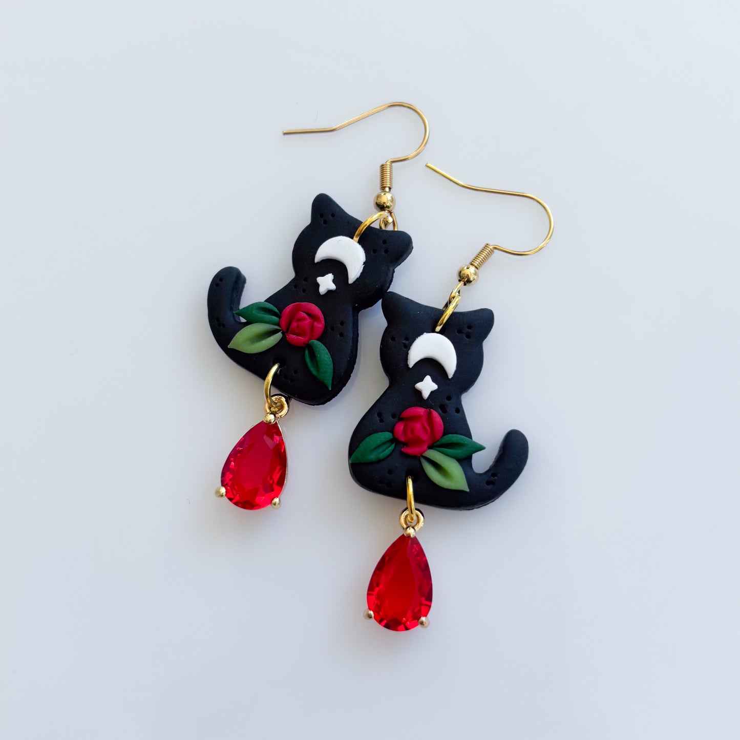 BLACK ROSE & MOON CAT EARRINGS