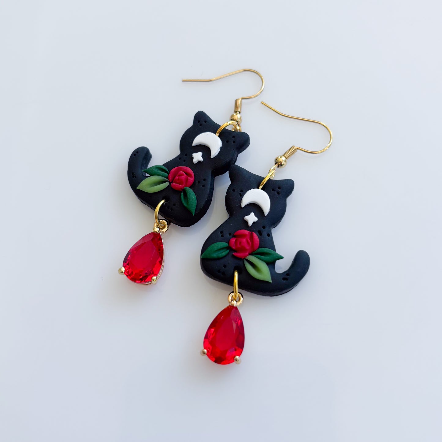 BLACK ROSE & MOON CAT EARRINGS