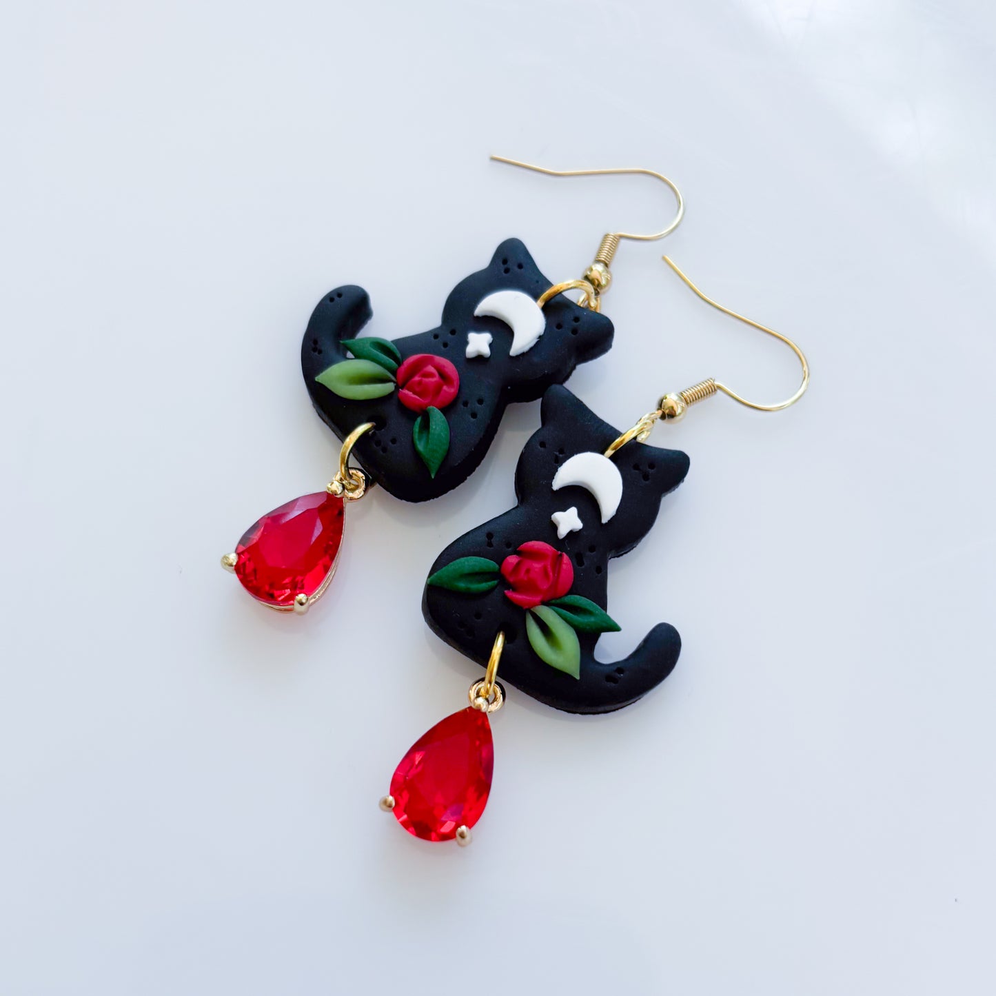 BLACK ROSE & MOON CAT EARRINGS