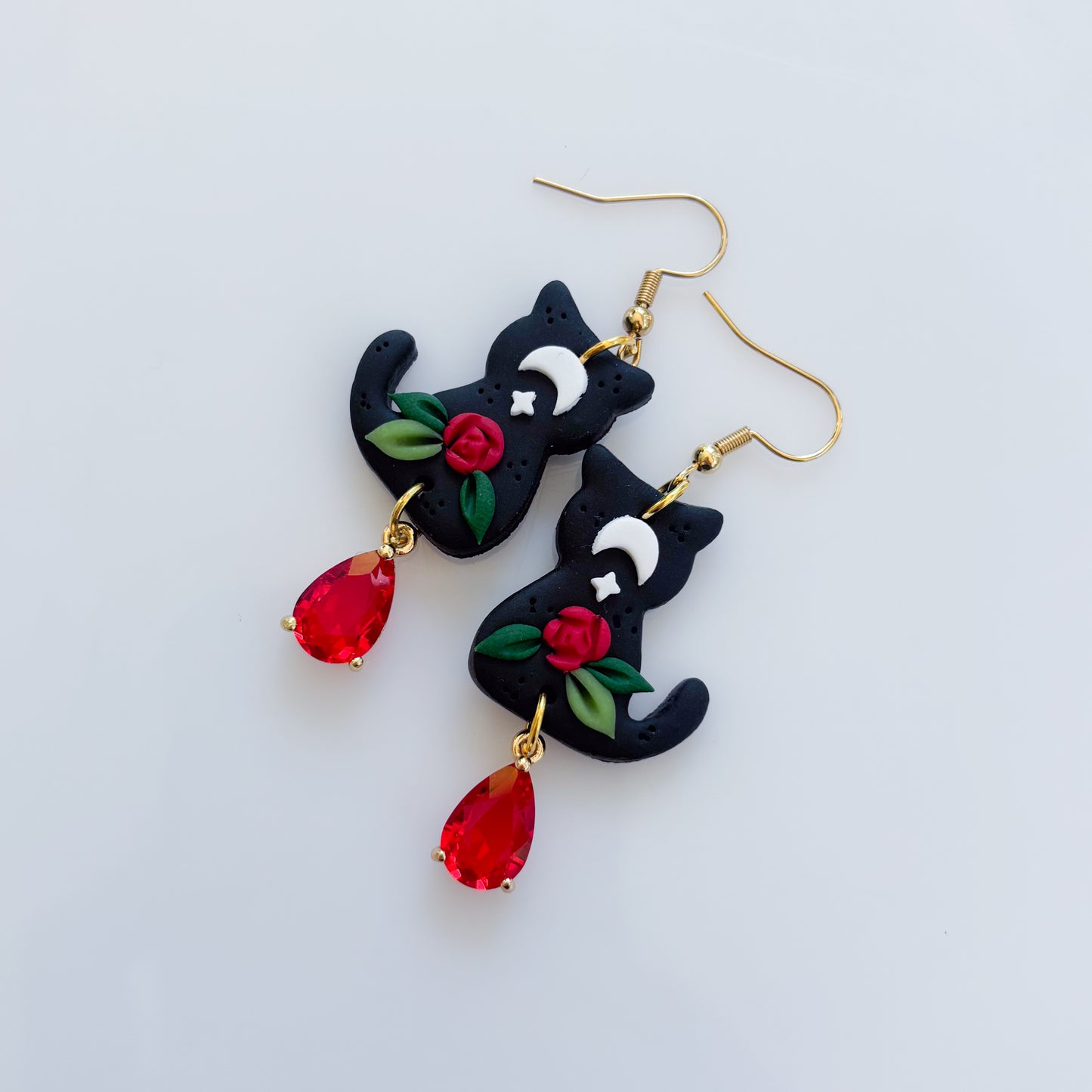 BLACK ROSE & MOON CAT EARRINGS