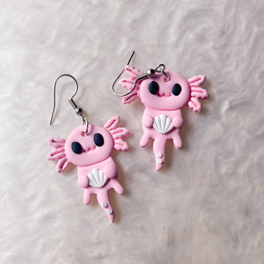 PALE PINK AXOLOTL WITH SEASHELLS EARRINGS