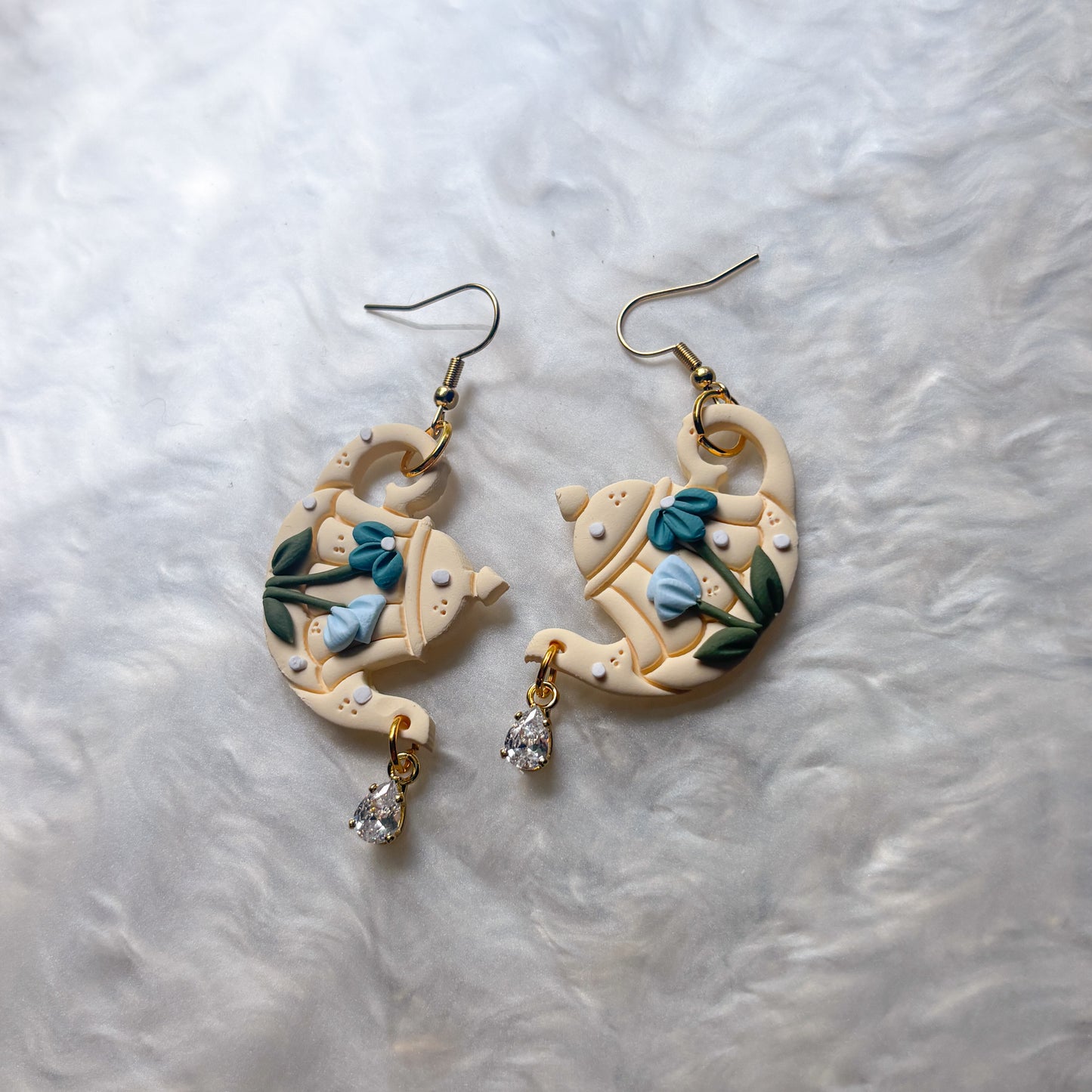 FLORAL IVORY & BLUE TEAPOT EARRINGS
