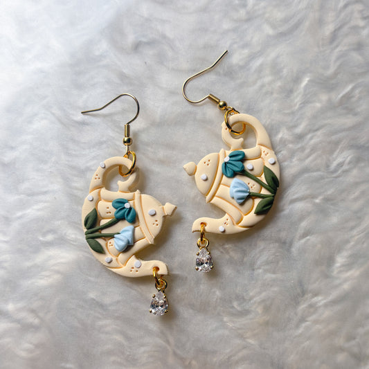 FLORAL IVORY & BLUE TEAPOT EARRINGS