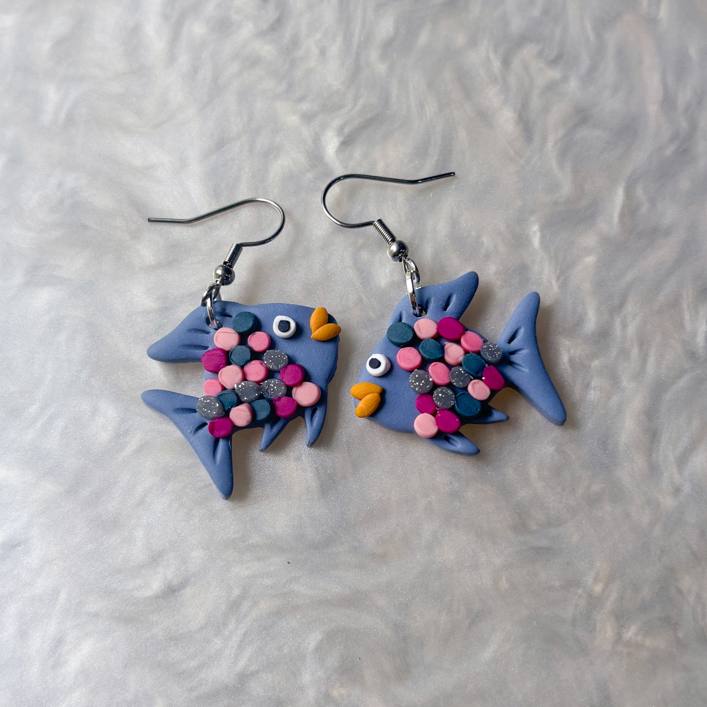 PINK BLUE SILVER RAINBOW FISH EARRINGS