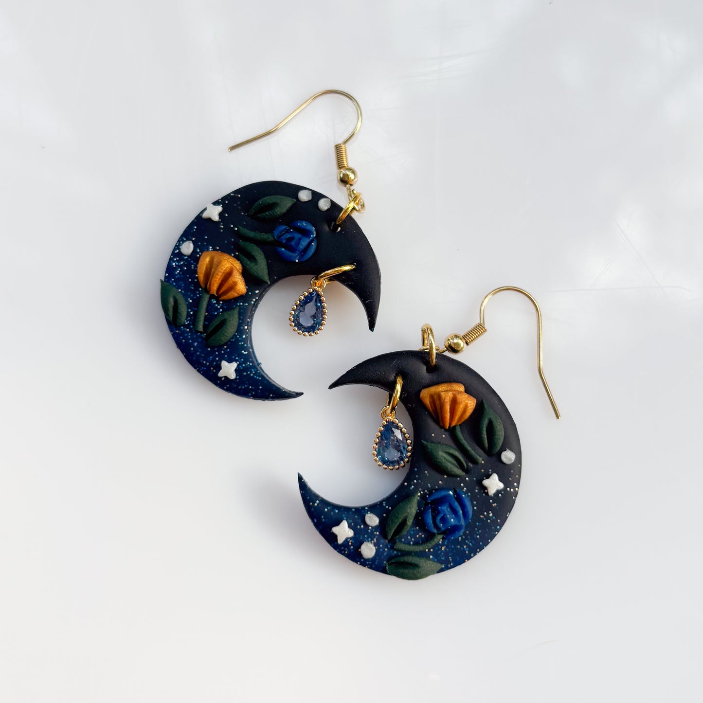 GALAXY GLITTER FLORAL MOON EARRINGS