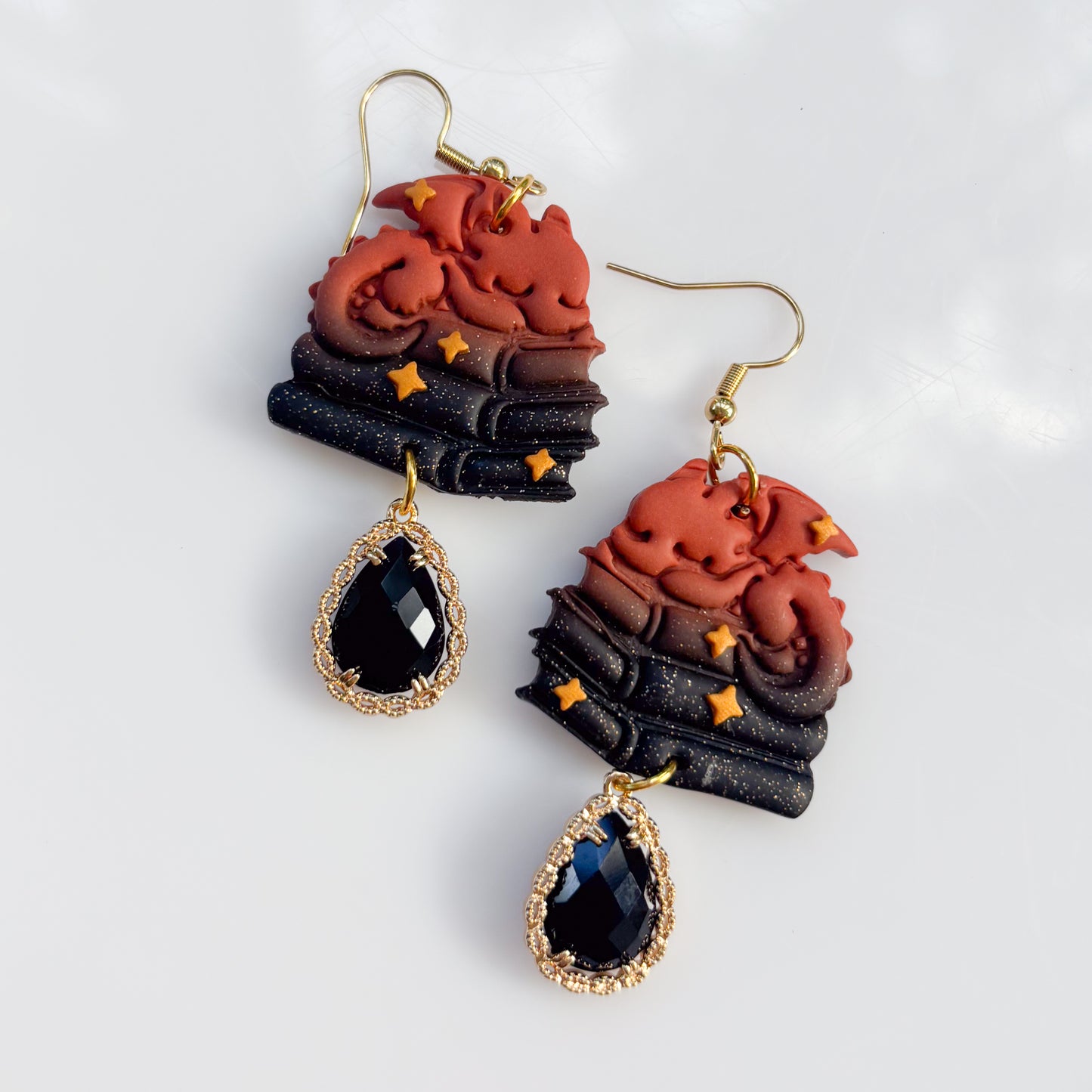 ORANGE FLAME BOOK DRAGON EARRINGS