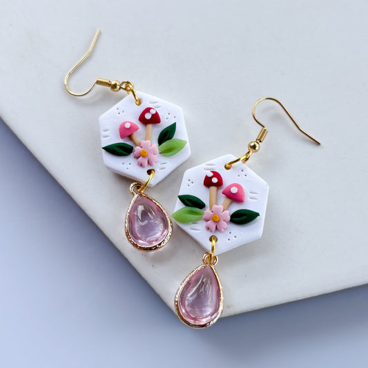 PINK MUSHROOM HEXAGON EARRINGS