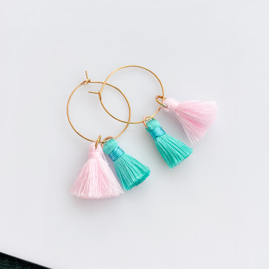 PINK & TEAL TASSEL HOOP EARRINGS