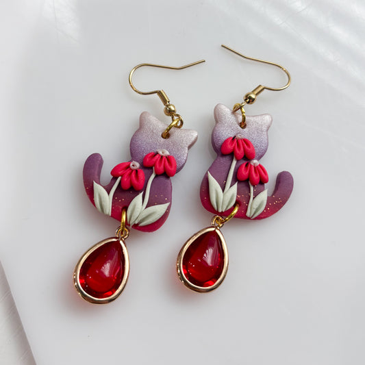 RED FLOWER CAT EARRINGS