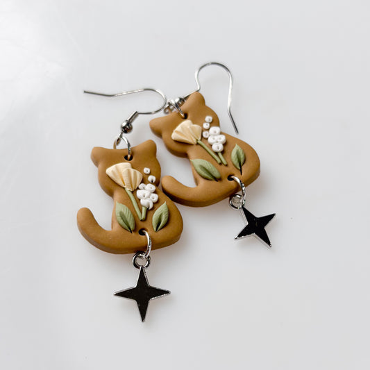 BROWN FLORAL CAT EARRINGS