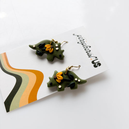 GREEN SUNFLOWER TRICERATOPS DINO EARRINGS