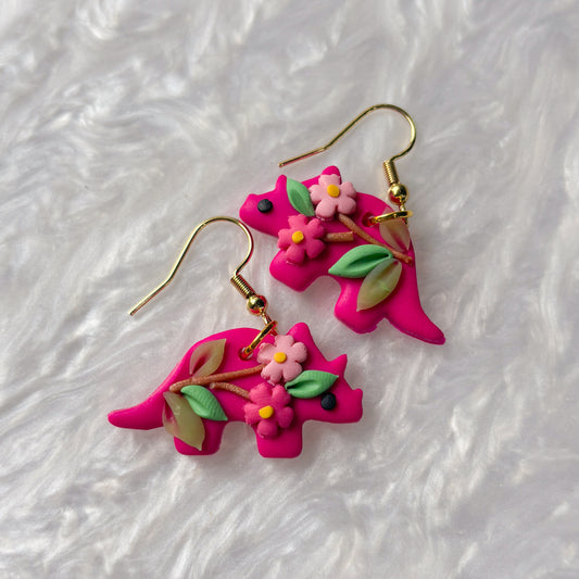 BRIGHT CHERRY BLOSSOM DINO EARRINGS (TRICERATOPS)